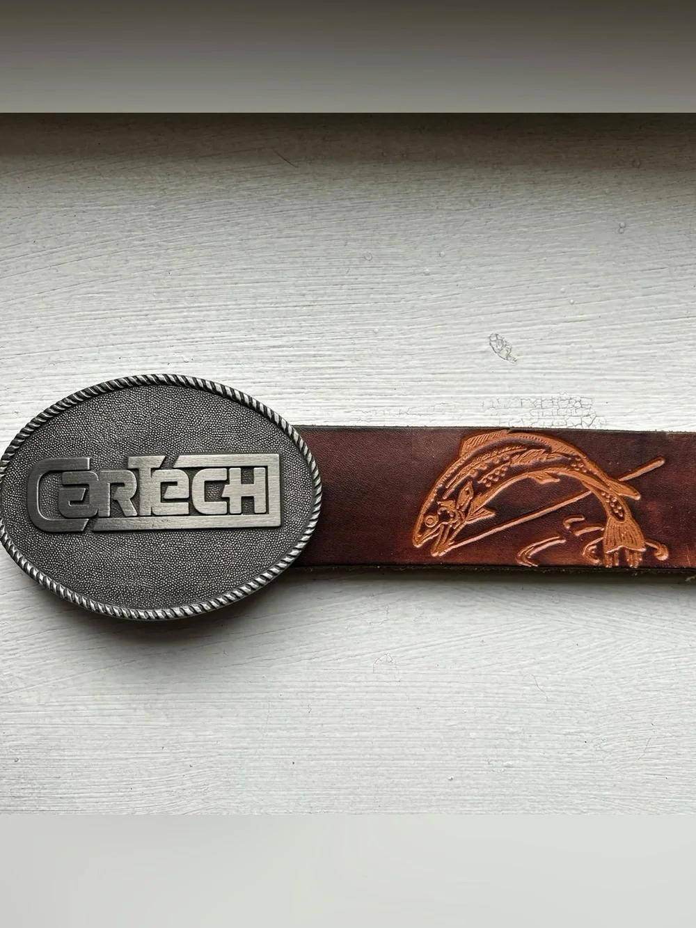 Vintage Brown Belt Fish Embossed Leather Silver CarTech Buckle